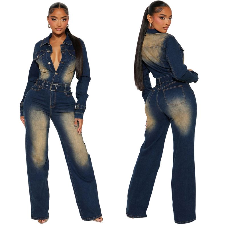Damenbekleidung Denim-Overall Monkey Waist Jumpsuit Retro Washed Langarm-Overall_voghion.com