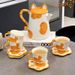 Handcrafted Cat-Themed Ceramic Pitcher & Cup Set – Elegant Milk, Juice & Tea Server With Gold Accents & Detachable Strainer_voghion.com