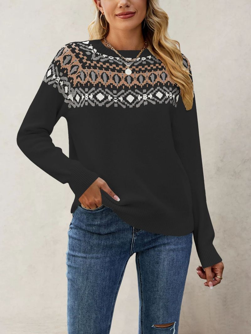 Pull en maille jacquard rétro à col rond pour femme_voghion.com
