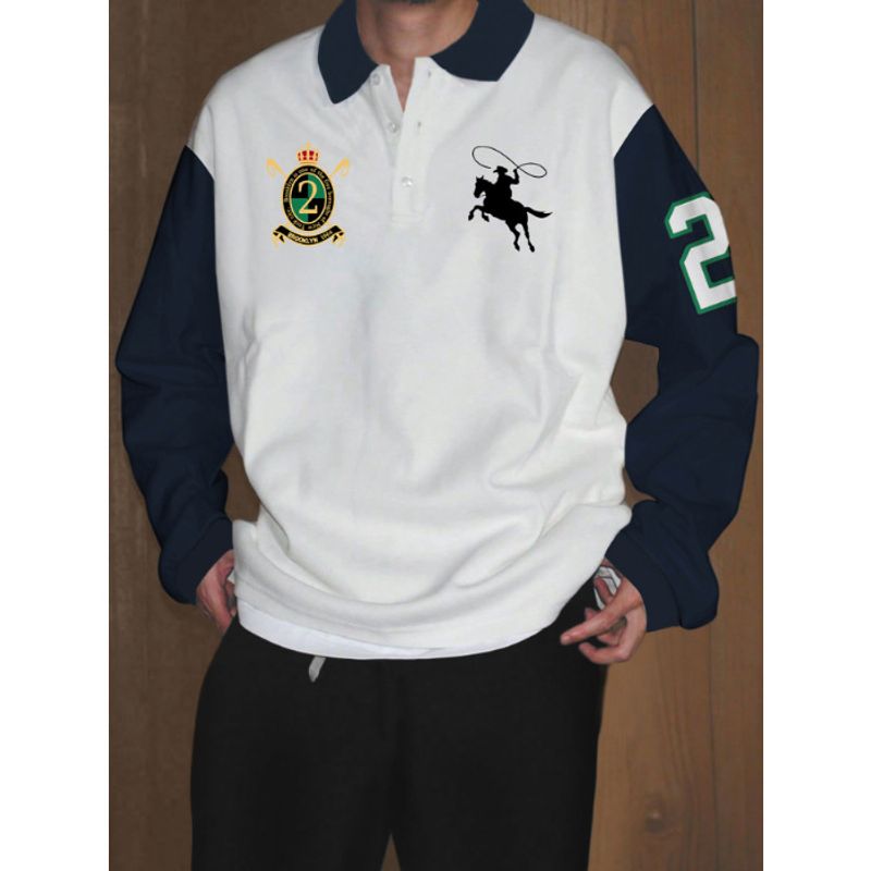 Herrenbekleidung Poloshirts Lässig Bedrucktes Revers Langarm-Poloshirts Herren_voghion.com