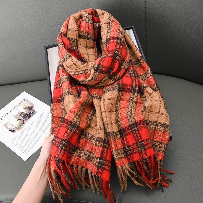 Neuer, verdickter Kaschmirschal mit Plaid für Damen, warme Herbst- und Winteratmosphäre, weißer, weicher Schal mit Quaste_voghion.com