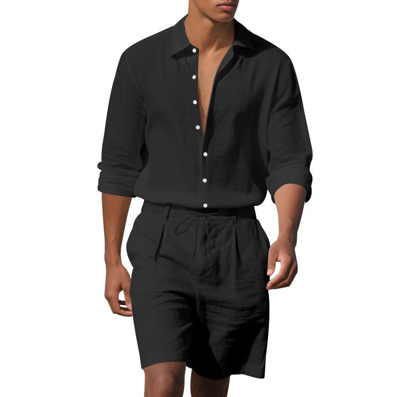Adatto a tutte le stagioni, completo estivo in lino, due pezzi, stile americano, semplice, da spiaggia, con camicia a maniche lunghe e pantaloncini da uomo._voghion.com