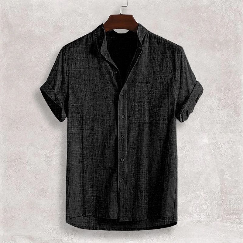 Men's Clothing Cotton And Linen Lapel Short Sleeved Solid Color Shirt Casual Cardigan Men's Shirt_voghion.com