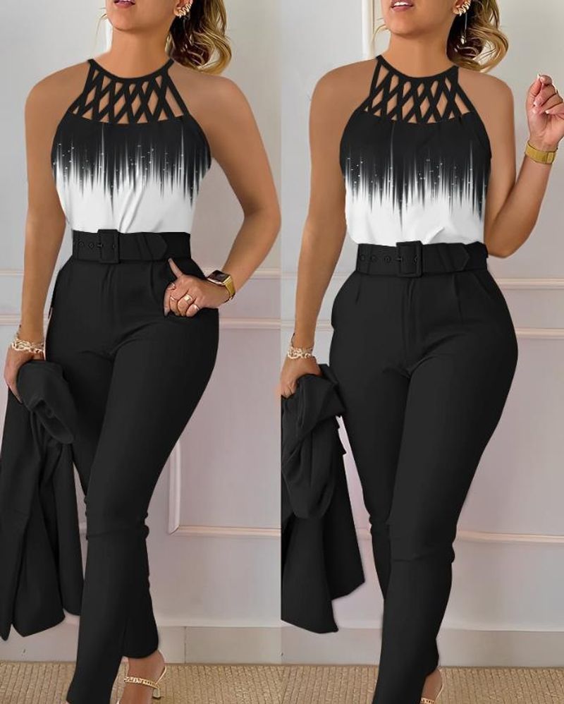 Îmbrăcăminte pentru femei, set de două piese, pentru toamnă și vară, cu imprimeu de naveta, cu bretele încrucișate, top cu gradient și pantaloni slim de culoare uni_voghion.com