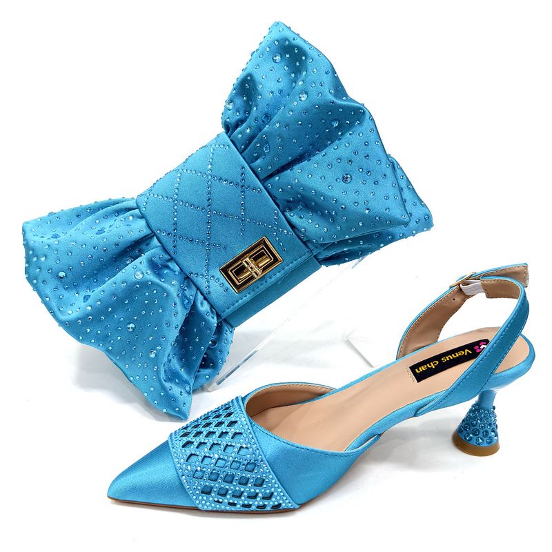 Women's Bright Colored Shoe And Bag Set Summer High Heeled Pointed Sandals With Color Blocked Rhinestones And Butterfly Shaped Bags_voghion.com