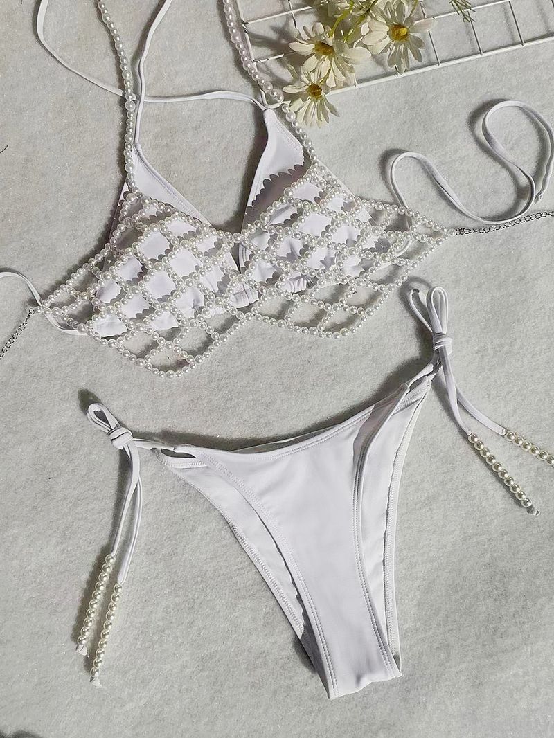 Kadın Giyim İnci Zincir Dekorasyon Seksi Askılı Bölünmüş Üç Parça Mayo Kadın Bikini_voghion.com