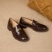 New Round Toe Chunky Heel Slip-On Leather British Style Metal Buckle Soft Sole Loafers Black Women's Shoes_voghion.com