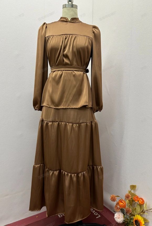 Women's Clothing autumn new solid color round neck pleated slim fit top skirt elegant suit_voghion.com