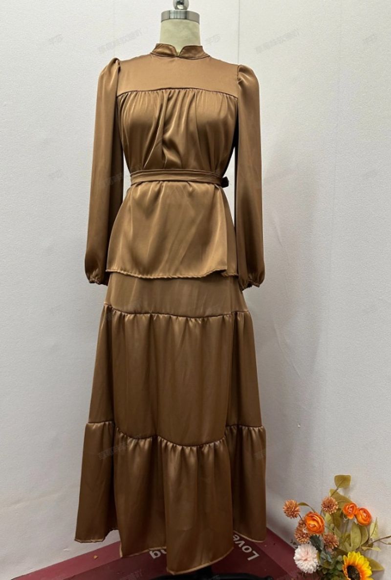 Women's Clothin solid color round neck pleated slim fit top skirt elegant suit_voghion.com
