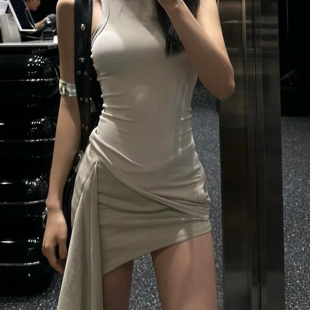 American Spicy Girl Women's Summer Slim Fit Sleeveless Tank Top High Waist Irregular Ribbon Wrapped Hip Half Skirt Set_voghion.com