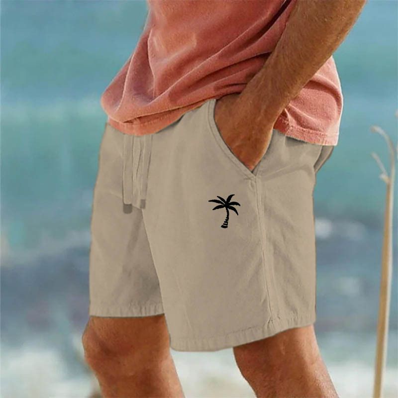 Shorts aus Baumwolle und Leinen mit Kokosnuss-Print, Kordelzug, elastischer Bund, einfarbig, atmungsaktiv, fünf Punkte, Freizeithose für den Strand_voghion.com