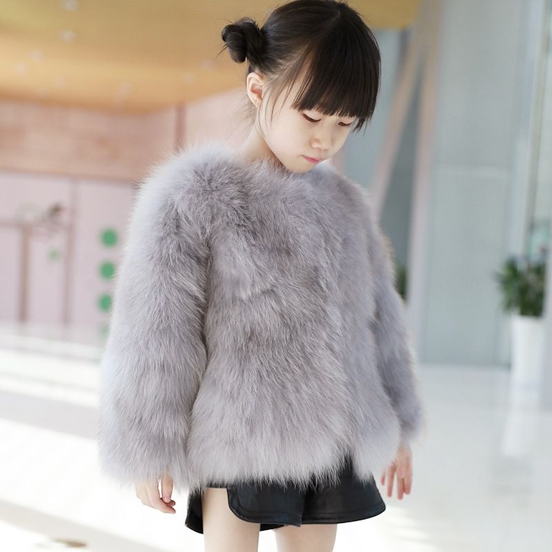 Luxury Faux Fox Fur Coat For Girls - Soft & Warm Winter Outerwear With Single Button Closure, Silver Gray (Sizes 100-150cm)_voghion.com