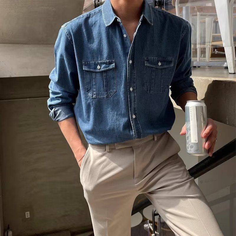 Men's Clothing Washed Distressed Denim Loose Long Sleeved Work Shirt_voghion.com