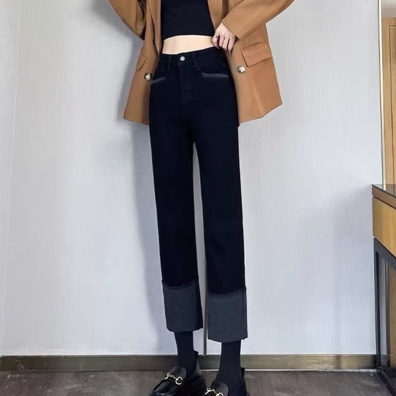 Straight tube fit with fleece jeans for women's autumn winter new style, rolled edge legs, small stature, slim and_voghion.com