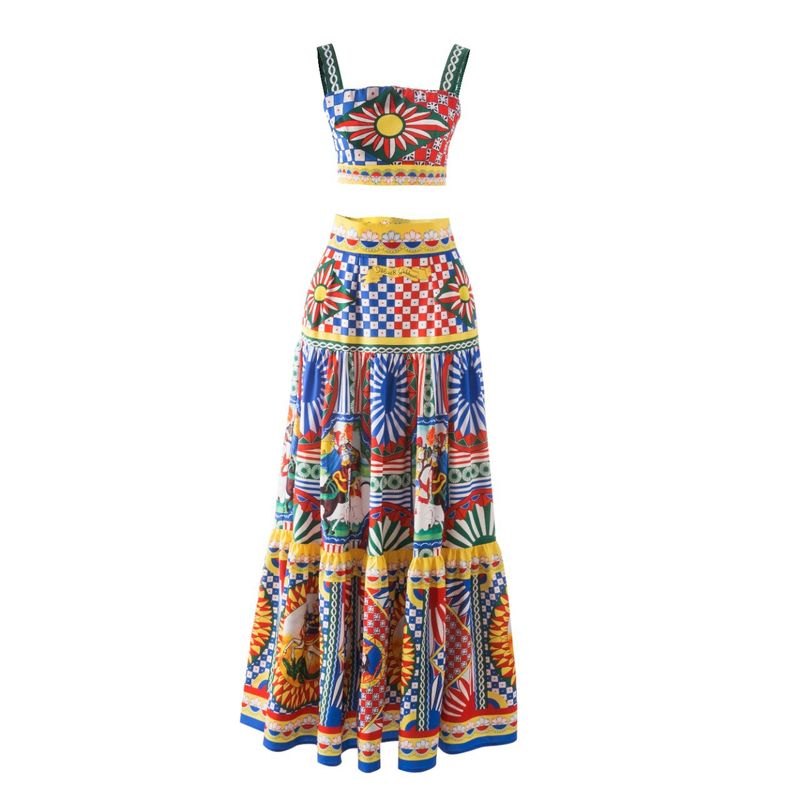 Costume femme Missicilian coton imprimé haut licou haut taille haute longue demi-jupe robe_voghion.com