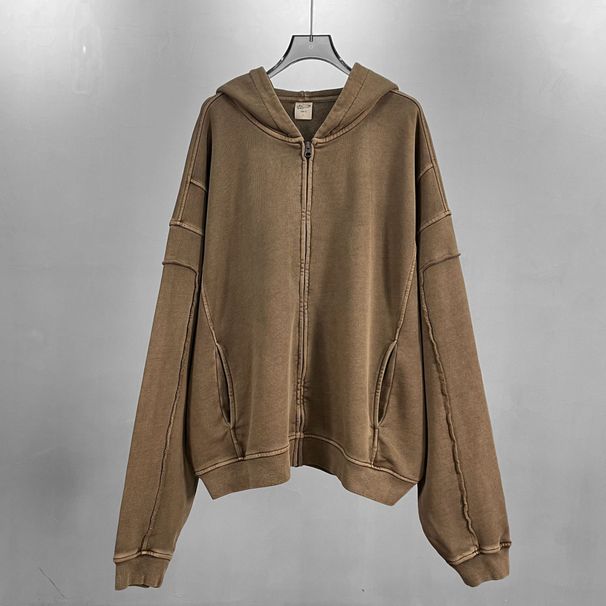 430GSM Wax-Dyed Distressed Hooded Jacket – Raw-Edge Zip-Up Overshirt (Unisex Vintage Streetwear, Boro Wash Effect)_voghion.com