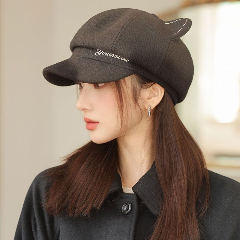 Cappello ottagonale da donna in stile britannico autunno inverno, grande circonferenza della testa, basco snellente, versatile, con orecchie da gatto_voghion.com