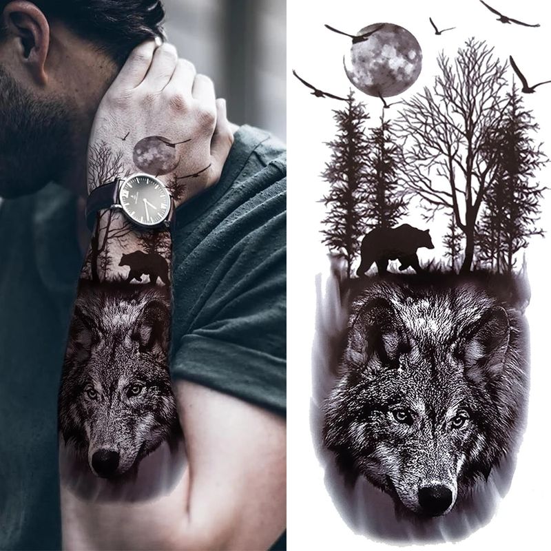 Adesivo temporário à prova d'água, floresta, leão, tigre, urso, tatuagens flash, mulheres, leopardo, lobo, coroa, arte corporal, braço, tatuagem falsa, homens_voghion.com