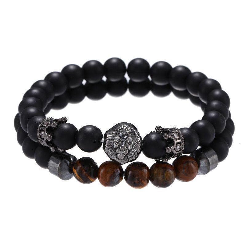 Sieraden Retro Trend 8mm Zwarte Matte Kroon Leeuwenkop Tijgeroog Steen Elastische Set Armband Heren_voghion.com