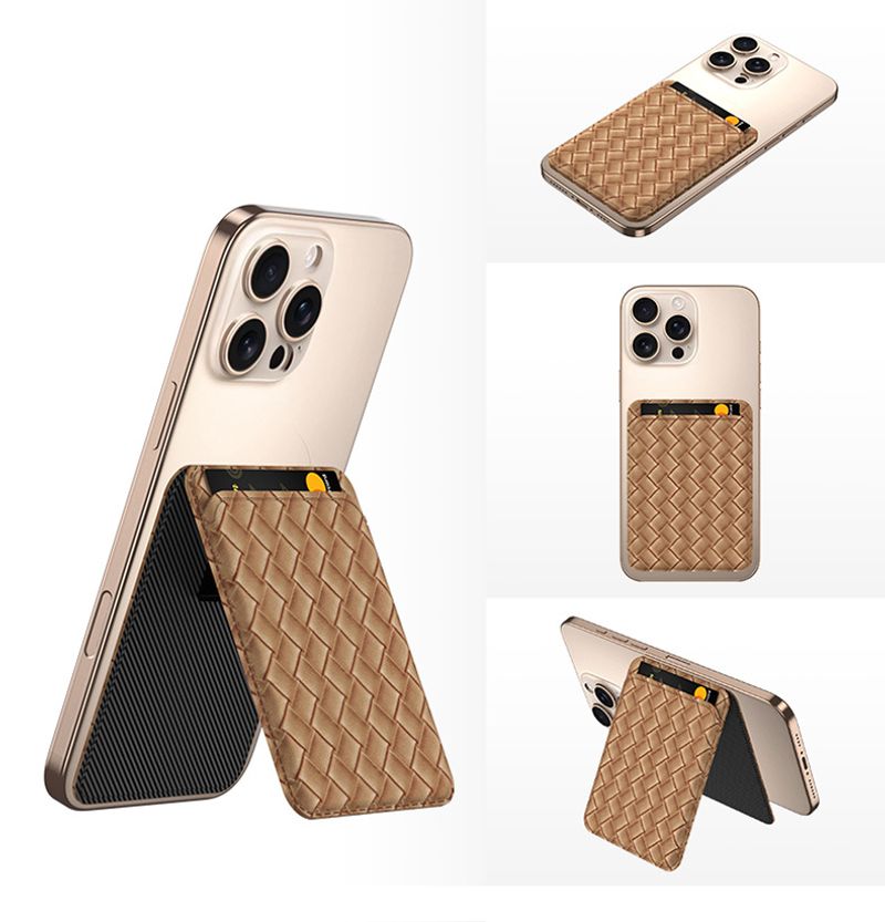 Accessoires pour téléphones portables, porte-cartes arrière pour téléphone portable, porte-cartes en cuir à aspiration magnétique, porte-téléphone portable à motif tissé_voghion.com