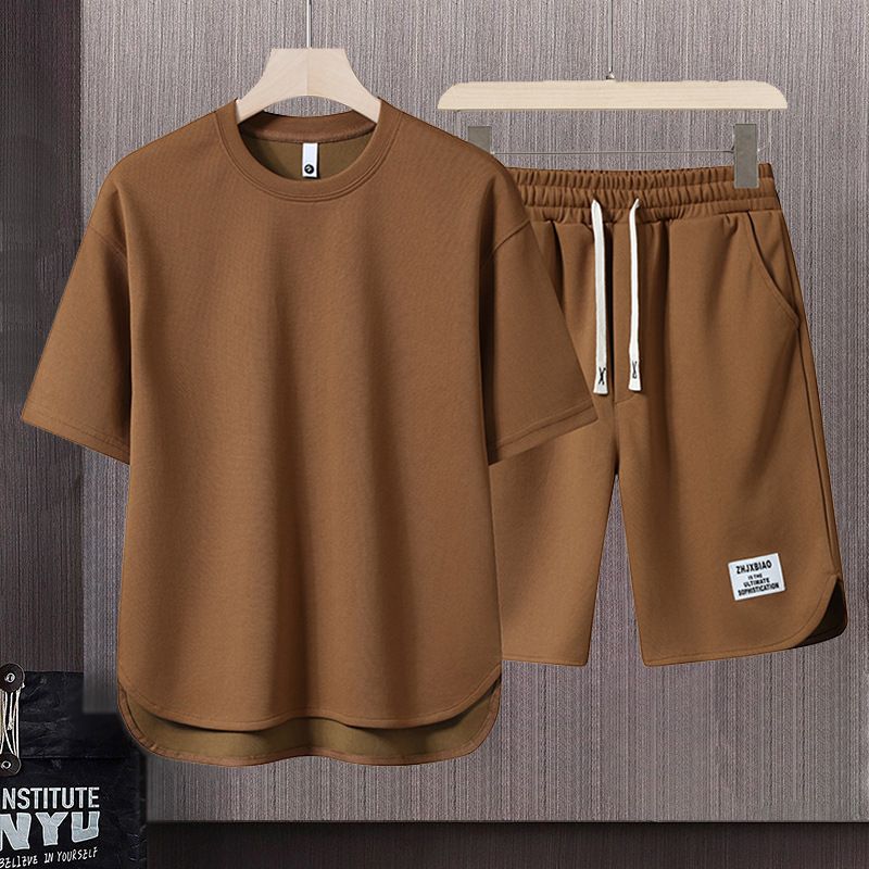 Men's Clothing Summer fashion brand new short sleeved T suit men's loose large size shorts set advanced handsome waffle two piece suit_voghion.com