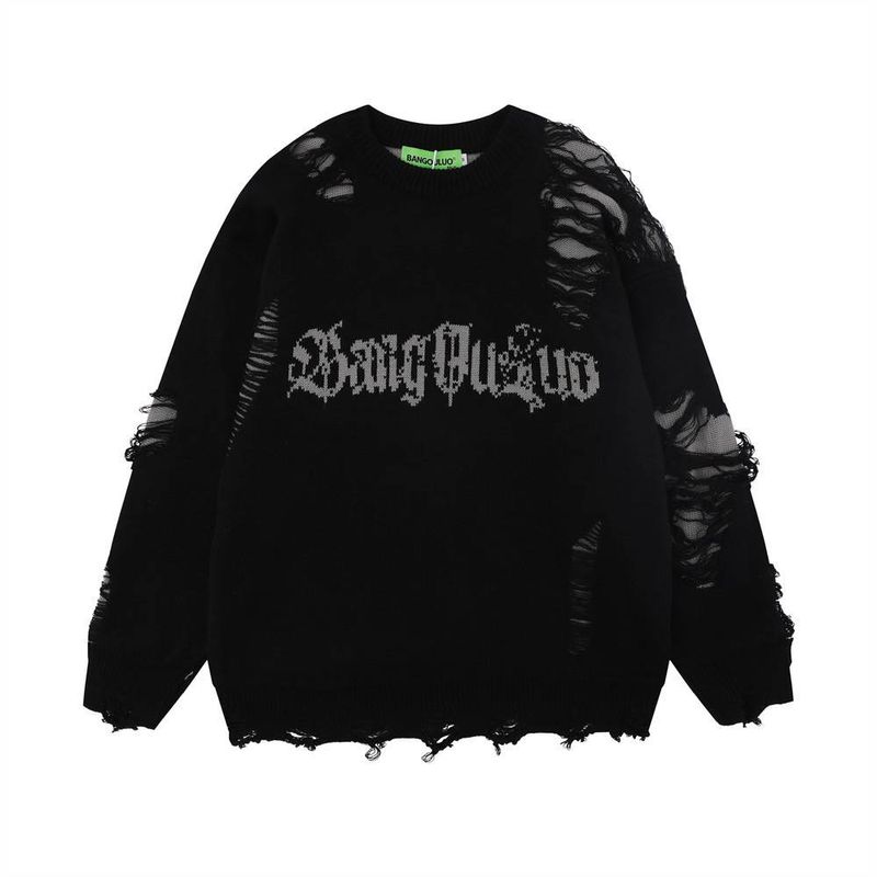 High Quality European-USA Fashion Vintage Pullovers Men's 100%Acrylic Letter Jacquard Round Collar Broken Hole Long Sleeve Casual Loose Sweater_voghion.com