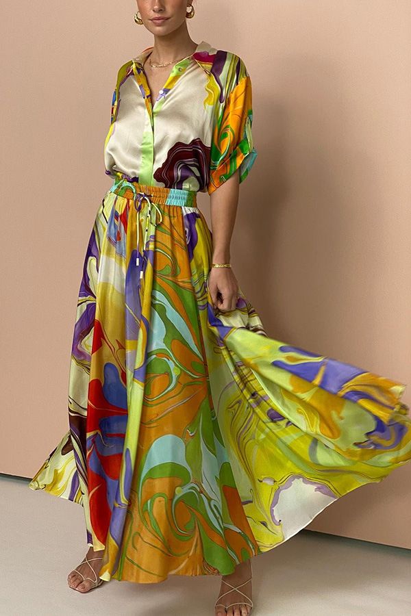 Svilena srajčna krila Dvodelna obleka s potiskom in tričetrtinskimi rokavi, modna, prosti čas_voghion.com