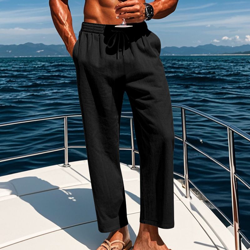 Pantaloni da uomo in cotone e lino, di grandi dimensioni, traspiranti, assorbenti del sudore, tinta unita, stile basic, casual, a gamba larga_voghion.com