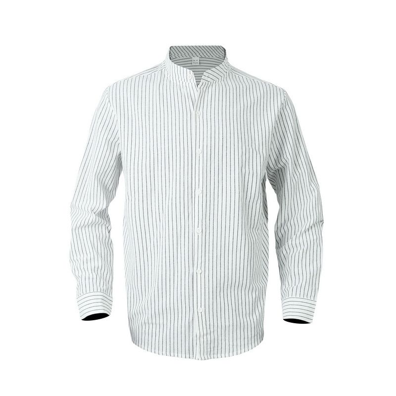 Camicia da uomo in lino a righe con colletto alto, a maniche lunghe, casual, slim, autunno_voghion.com