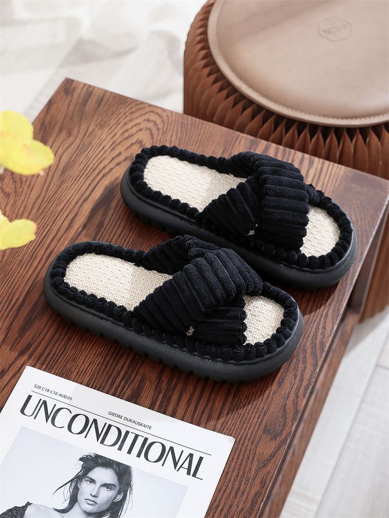 2023 neue Flache Hause Leinen Für Frauen Kreuz Lässig Bequeme Spitze Rand Samt Pelzigen Hausschuhe_voghion.com