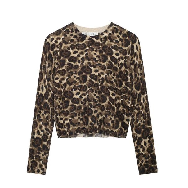 Mädchenpullover Herbst 2024: Modisch, elegant, vielseitig, Rundhalsausschnitt, Strick, lange Ärmel, Leopardenmuster – ideal für Reisen über Grenzen hinweg_voghion.com