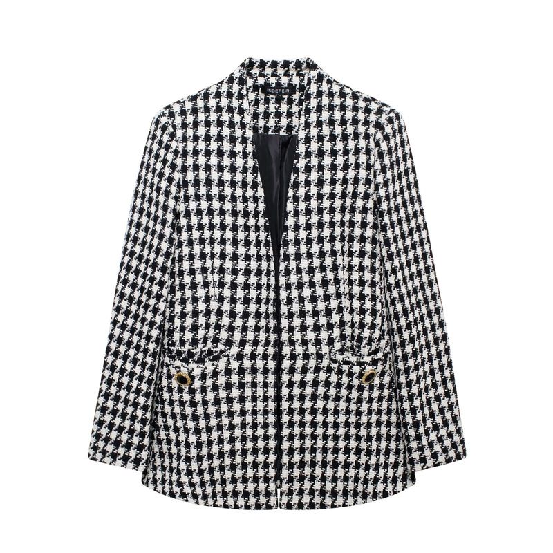 Manteau en laine à carreaux mille oiseaux simple et polyvalent pour femme automne/hiver 2024_voghion.com