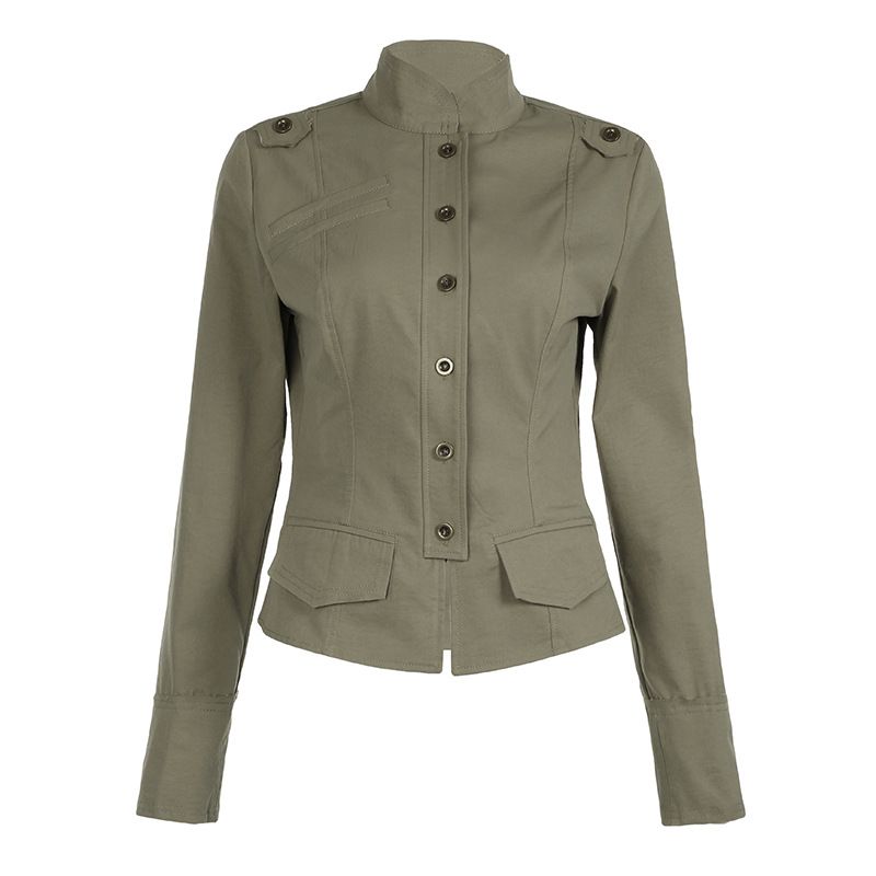 Military Green Utility Jacket – Structured Stand Collar With Split Pockets (Streetwear Chic, Slim Fit, Lightweight Polyester)​_voghion.com
