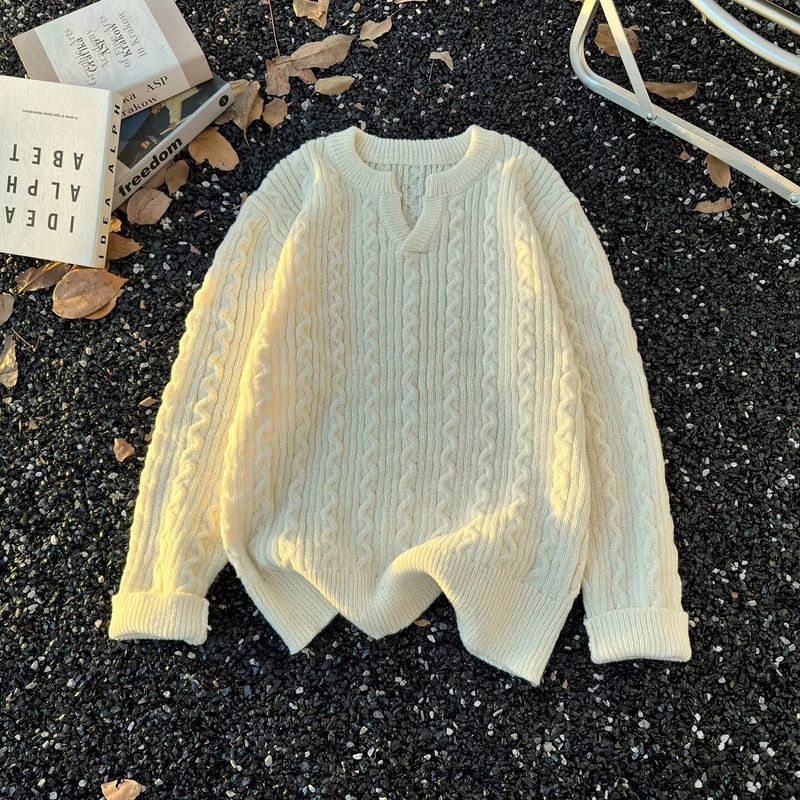 Retro Loose Knit Sweater For Men - Casual Comfort Pullover With Jacquard Pattern, Warm Winter Oversized Crewneck Top For Teens​_voghion.com