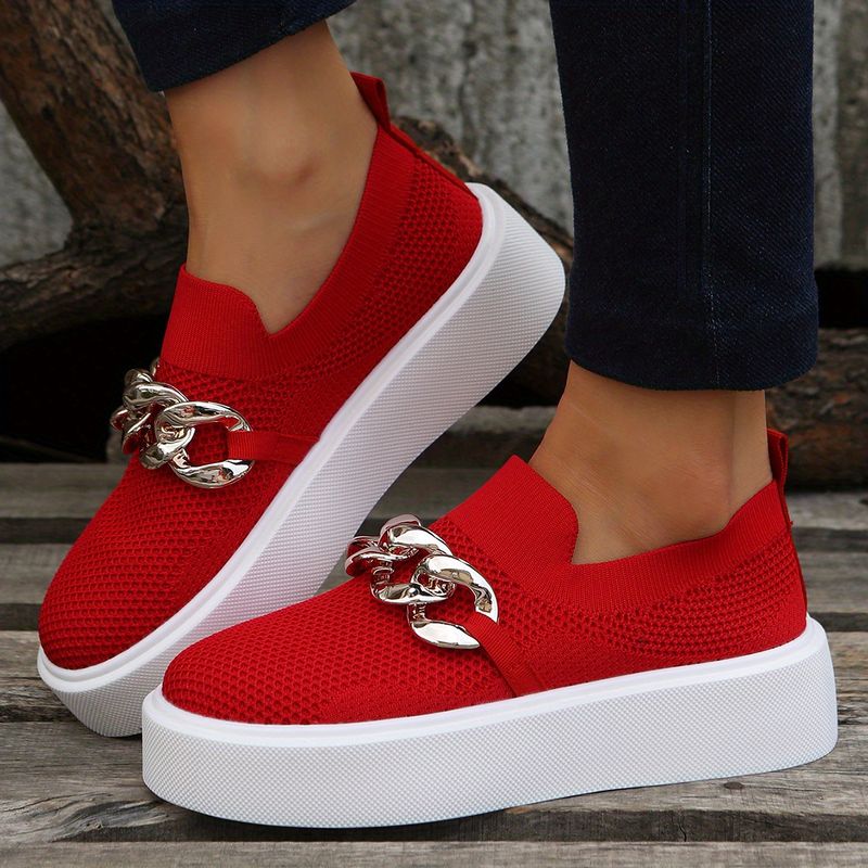 Sapatos baixos femininos com decoração de corrente, malha respirável, bico redondo, mocassins femininos_voghion.com