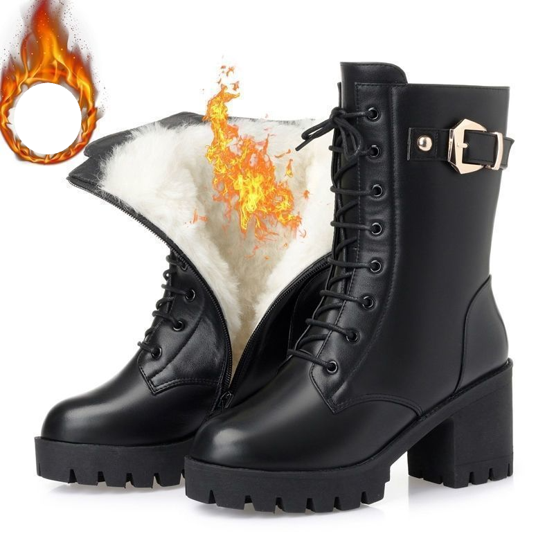 Short Boots Women's Winter Medium Boots Women's Shoes Women's Boots Thick Heel Martin Boots Women's High Heels Leather Boots Fleece-Lined Women's Cott_voghion.com