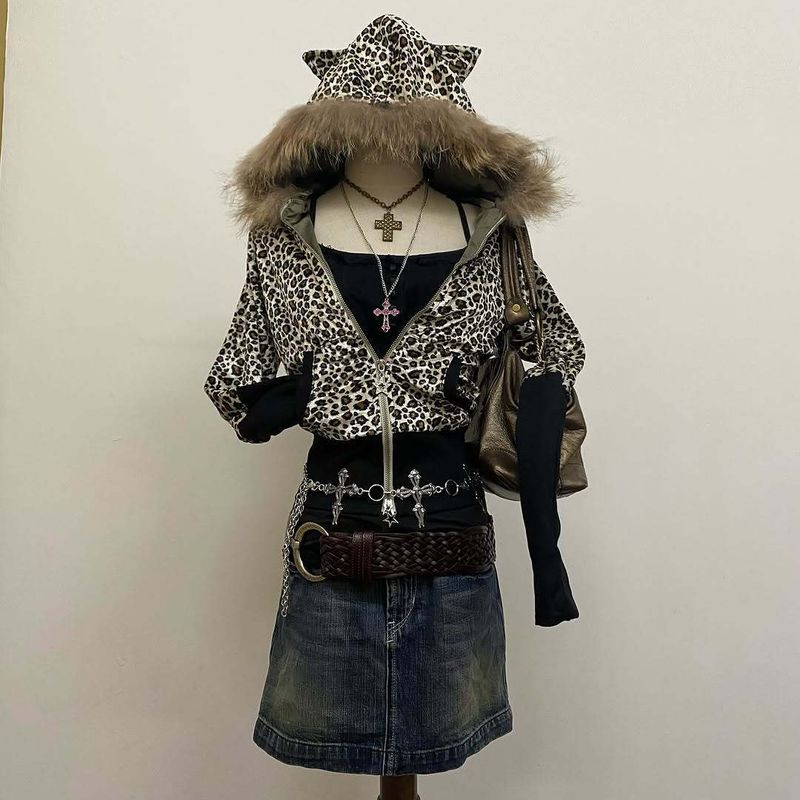 ​​Y2K Fashion Leopard Print Hooded Sweatshirt For Women - Cute Cat Design, Slim Fit, Harajuku Style, Comfortable & Stylish​​_voghion.com