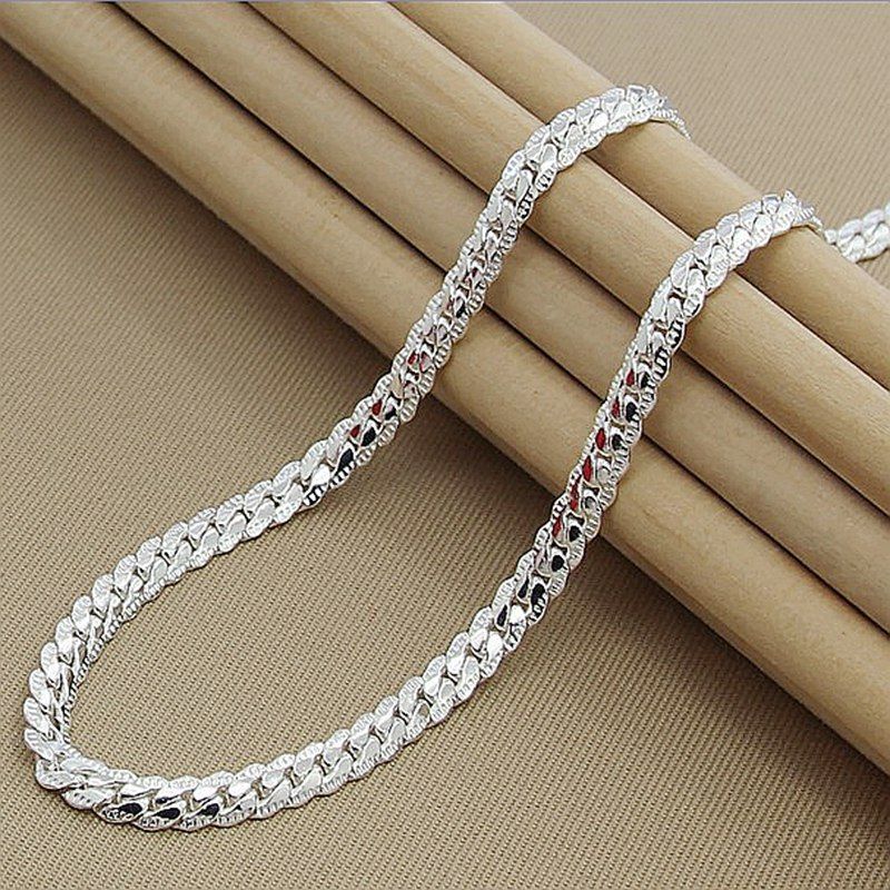 16-24inch WSH Jewelry Fashion Electroplated Silver 5MM Side Necklace Cuban Chain_voghion.com