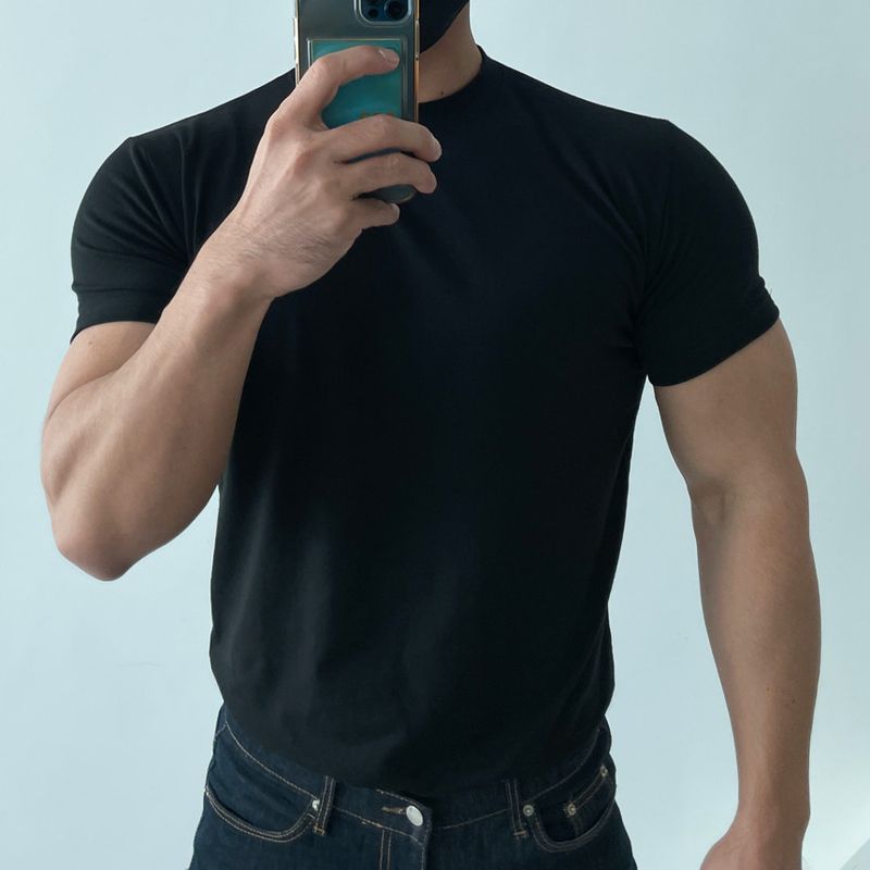 Pure Color Bottoming Drawstring Training High Elastic Sweat-Absorbent Short Sleeve_voghion.com