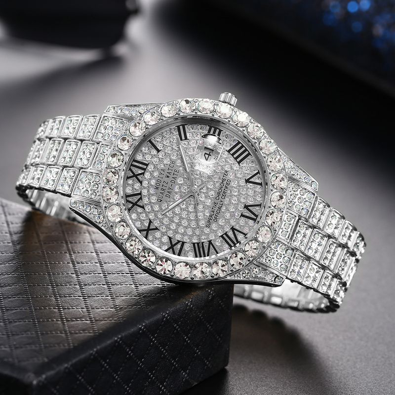 Reloj de cuarzo con incrustaciones de oro, diseño de celebridad de Internet, hip-hop, negocios, con calendario romano de gotas de agua y diamantes, ideal como regalo para hombre._voghion.com