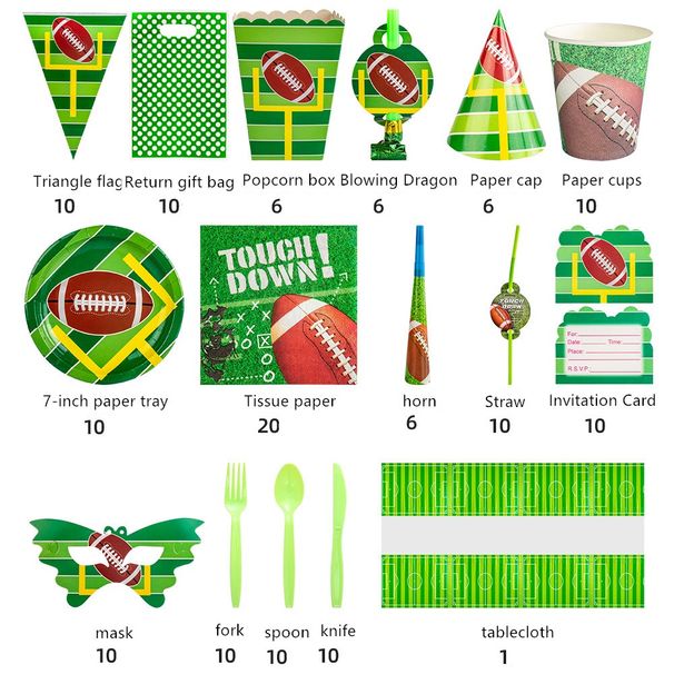 Rugby themed birthday party venue decoration props, disposable paper cups, plates, tableware sets, supplies_voghion.com