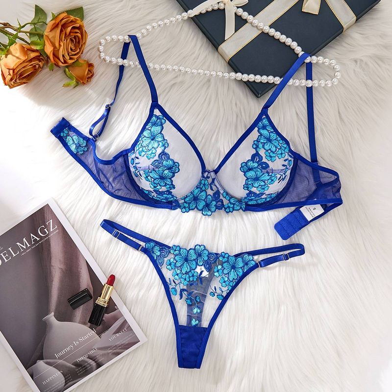 Women's Intimates Ultra Thin Small Chest Gathered Embroidered Lace Embroidery Pure Desire Lingerie Set_voghion.com