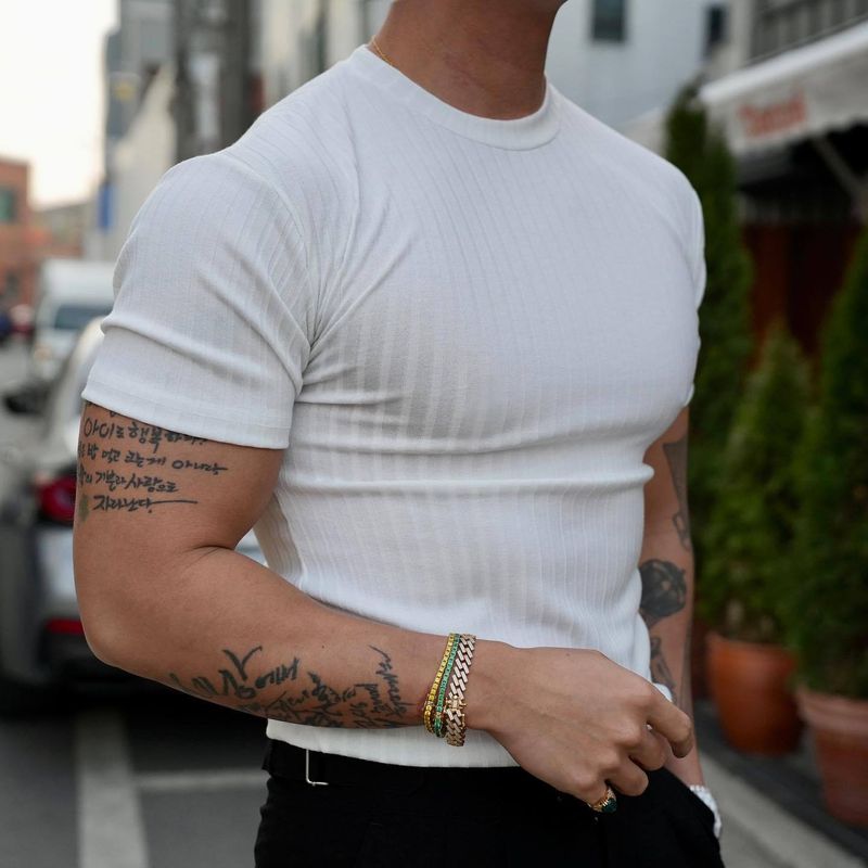 Instagram Trendy Muscle Men's Summer Sports Fitness Leisure Elastic Round Neck Short Sleeve Vertical Stripe T-shirt_voghion.com
