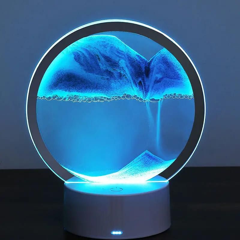 1 peça Luminária de mesa com arte em areia móvel USB LED Artesanato Areia movediça 3D Paisagem natural Areia fluida Luz noturna regulável com ampulheta móvel_voghion.com