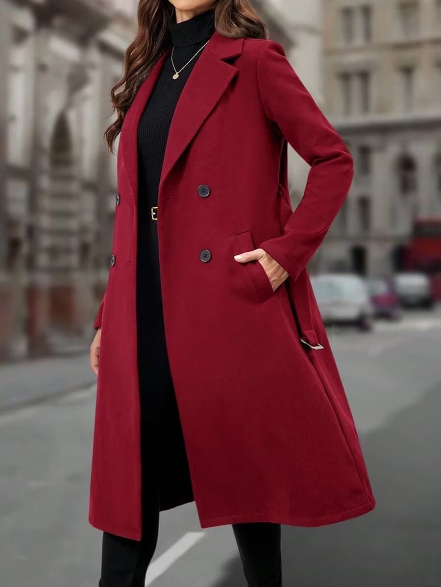 Eleganter, zweireihiger Trenchcoat – Langer Damenmantel aus Wollmischung mit Gürtel, schmal geschnittener Mantel für Herbst/Winter_voghion.com