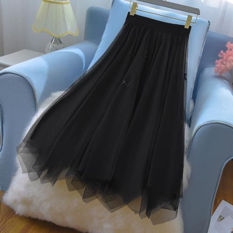 Nuova gonna a pieghe a vita alta in rete da donna, gonna midi a ombrello a linea A, tendenza moda_voghion.com
