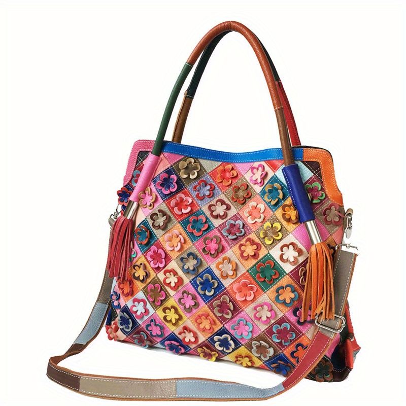 Retro-Tragetasche mit 3D-Blumenstickerei, Patchwork-Geldbörse für Damen in Farbblock-Optik, Umhängetasche aus echtem Leder mit großer Kapazität_voghion.com