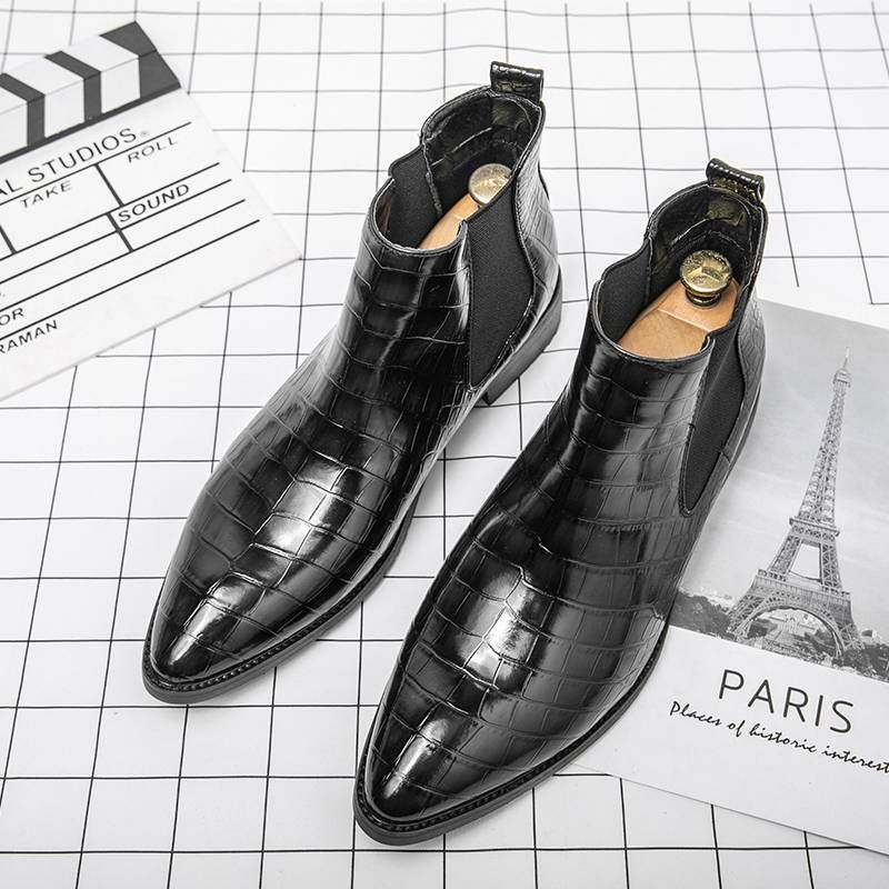 New Fashion Brown Retro Chelsea Boots Men's Pointed Toe Suit Martin Boots British Crocodile Pattern Business Men's Boots Leather Short Boots_voghion.com