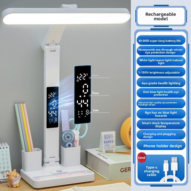 Smart LED Desk Lamp With Digital Clock & Pen Holder, Eye-Care AA Grade Lighting, Touch Control & USB Rechargeable, Adjustable Brightness_voghion.com