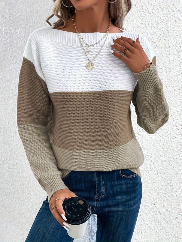 Women's Long Sleeve Knit Sweater With Color Block Design, Round Neck, Loose Fit, Thick Warm Pullover For Casual Wear_voghion.com